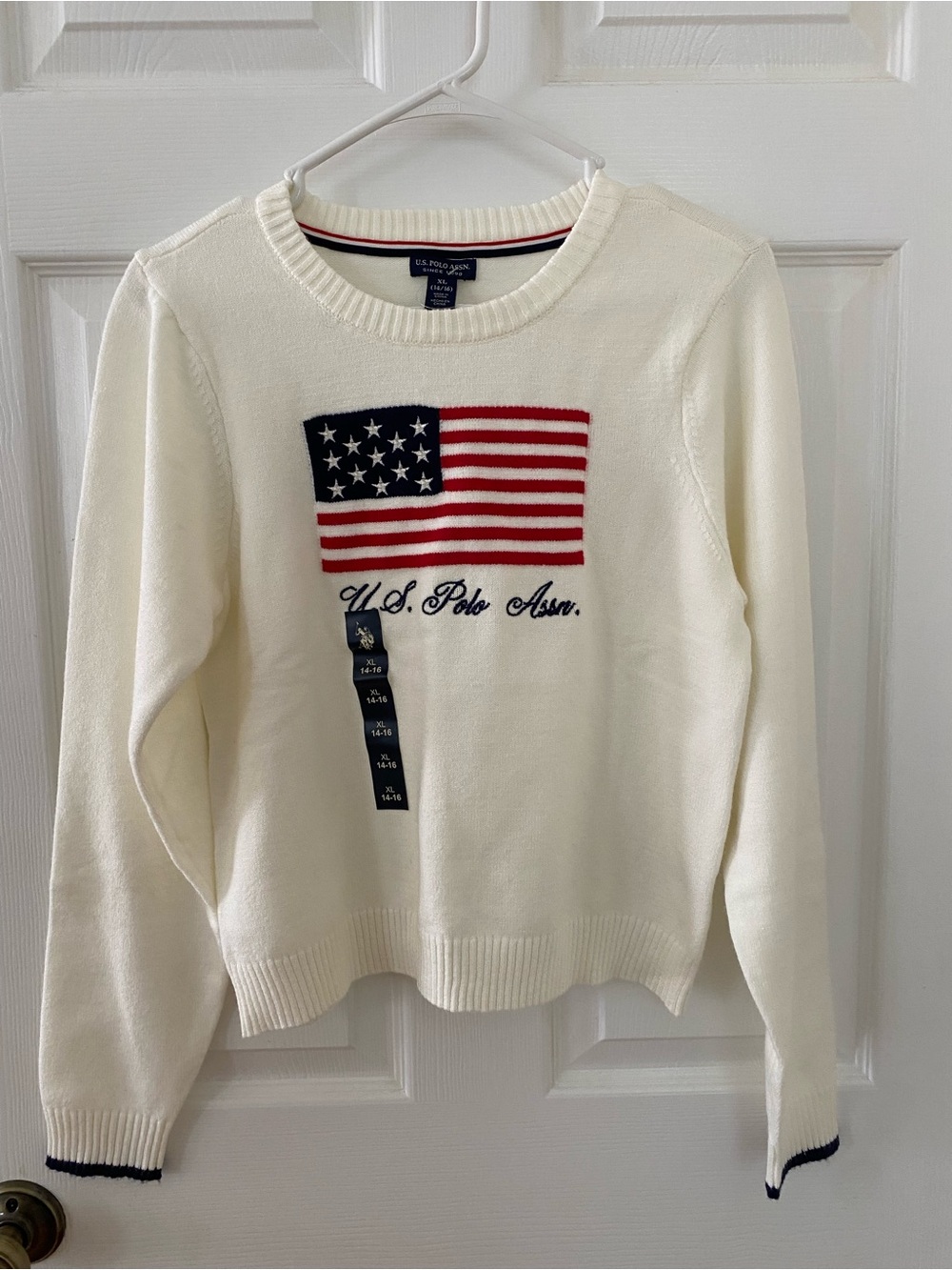 U.S. Polo Assn. Cream Crewneck Sweater with American Flag